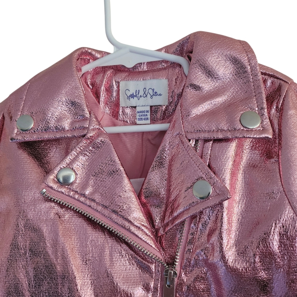 NWT Sparkle & Shine Girls Smiley Face Mesh Dress Metallic Moto Jacket Set, 4T - Picture 2 of 16